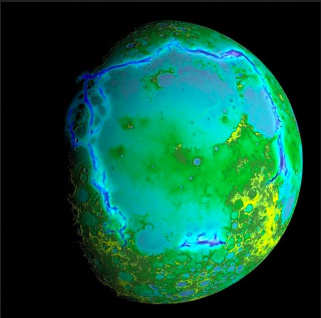Die etwas schräge Farbgebung unseres Trabanten zeigt seine Topografie. Sie wurde aus Daten erstellt, die mit dem Lunar Orbiter Laser Altimeter an Bord des Lunar Reconnaissance Orbiter der NASA erfasst wurden. 
Foto: NASA/Colorado School of Mines/MIT/GSFC/Scientific Vis